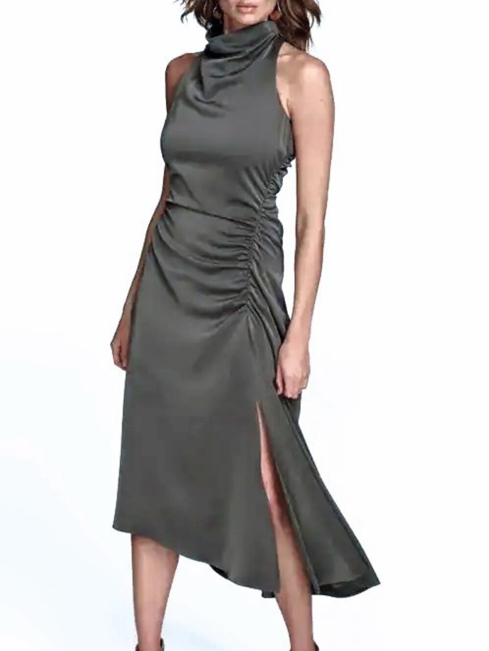 NWTS "Donna Karan" NY Mock Neck Asymmetric Shirred Midi Dress. Size 10.